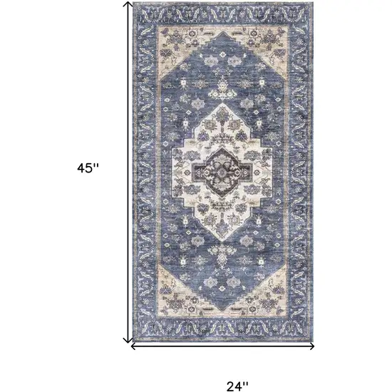 Blue and Ivory Medallion Power Loom Distressed Washable Non Skid Area Rug Photo 3