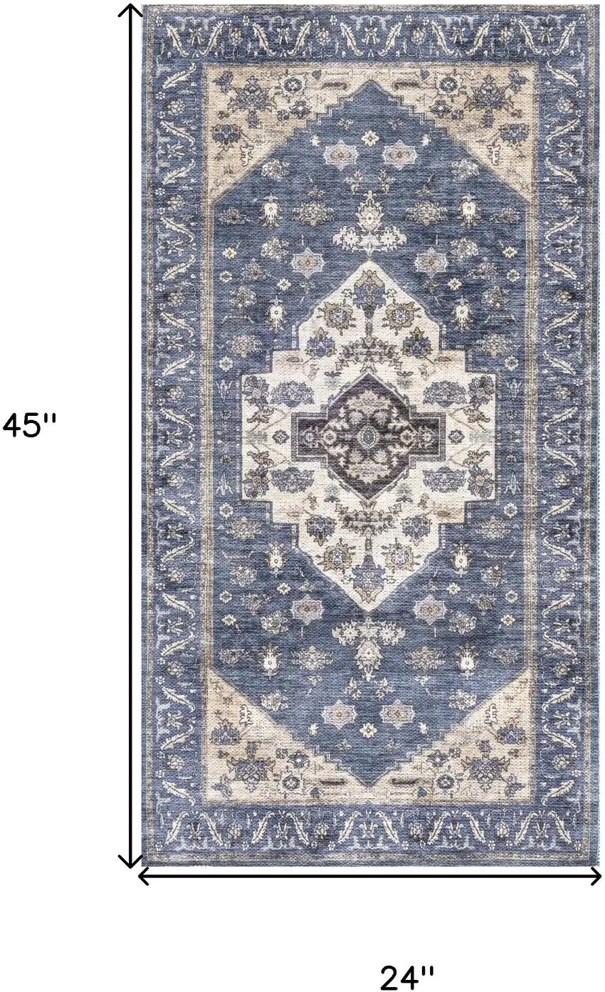 Blue and Ivory Medallion Power Loom Distressed Washable Non Skid Area Rug Photo 3