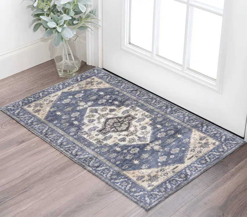 Blue and Ivory Medallion Power Loom Distressed Washable Non Skid Area Rug Photo 1