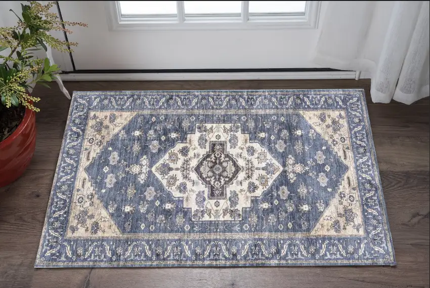 Blue and Ivory Medallion Power Loom Distressed Washable Non Skid Area Rug Photo 1