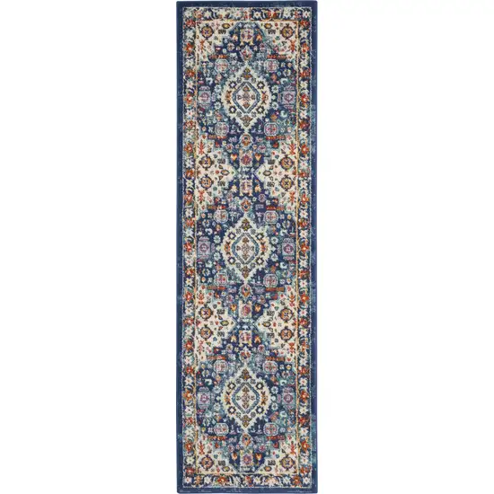 8' Blue And Ivory Medallion Runner Rug Photo 9