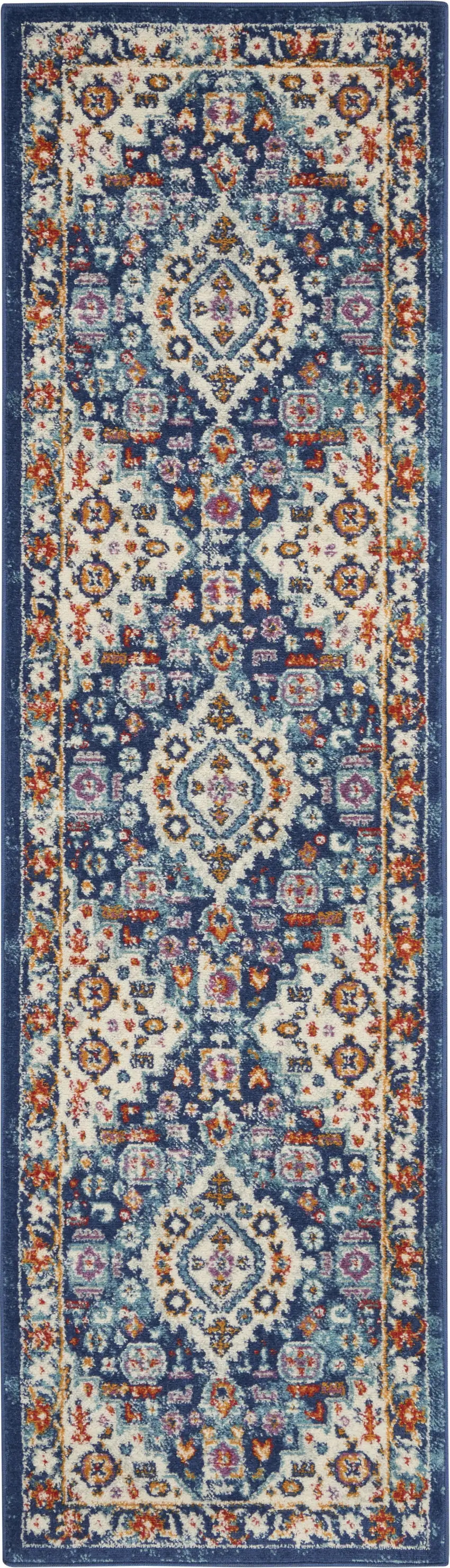 8' Blue And Ivory Medallion Runner Rug Photo 9