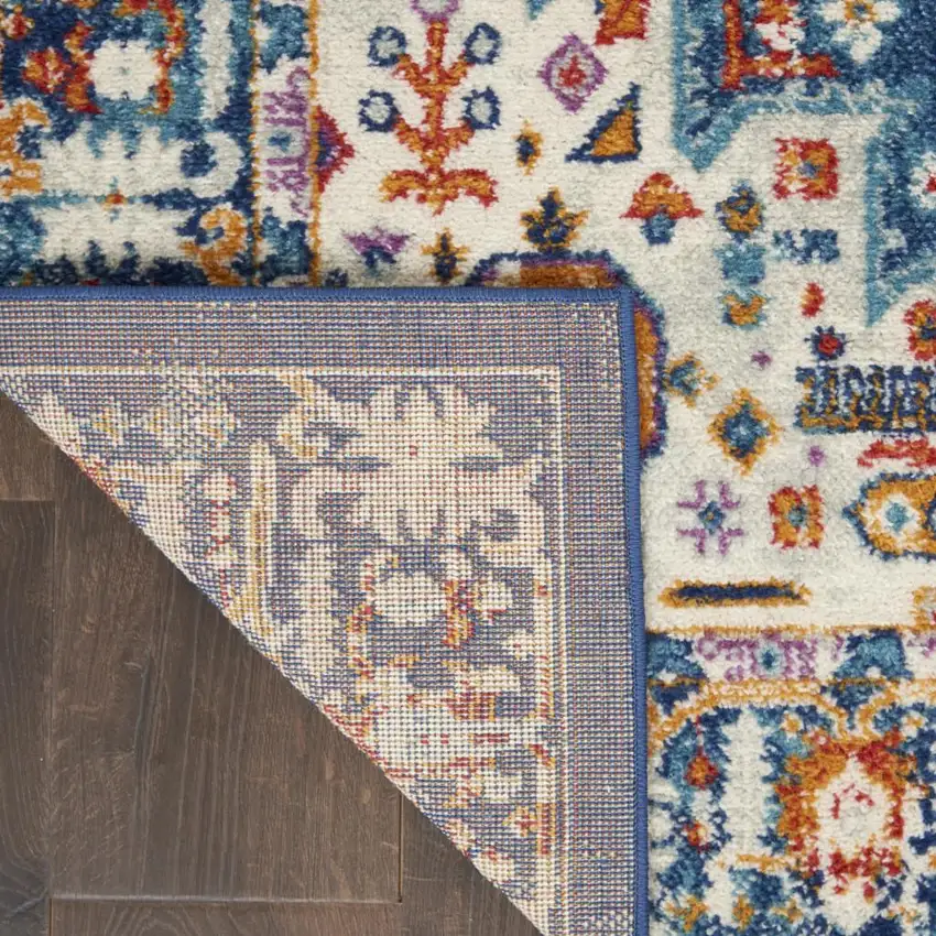 8' Blue And Ivory Medallion Runner Rug Photo 8