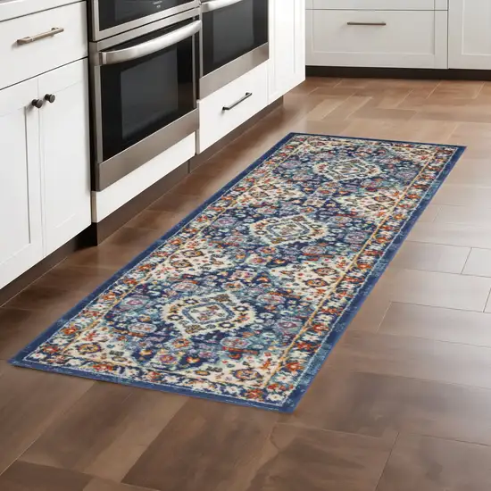 8' Blue And Ivory Medallion Runner Rug Photo 1