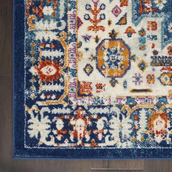 8' Blue And Ivory Medallion Runner Rug Photo 9