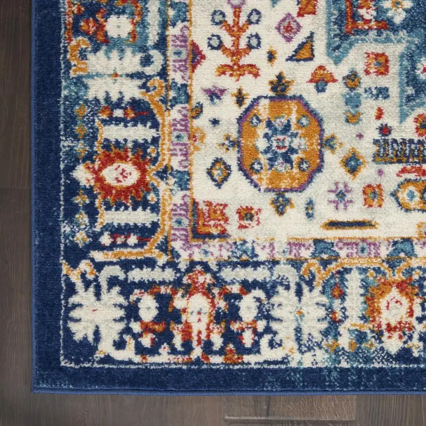 8' Blue And Ivory Medallion Runner Rug Photo 9