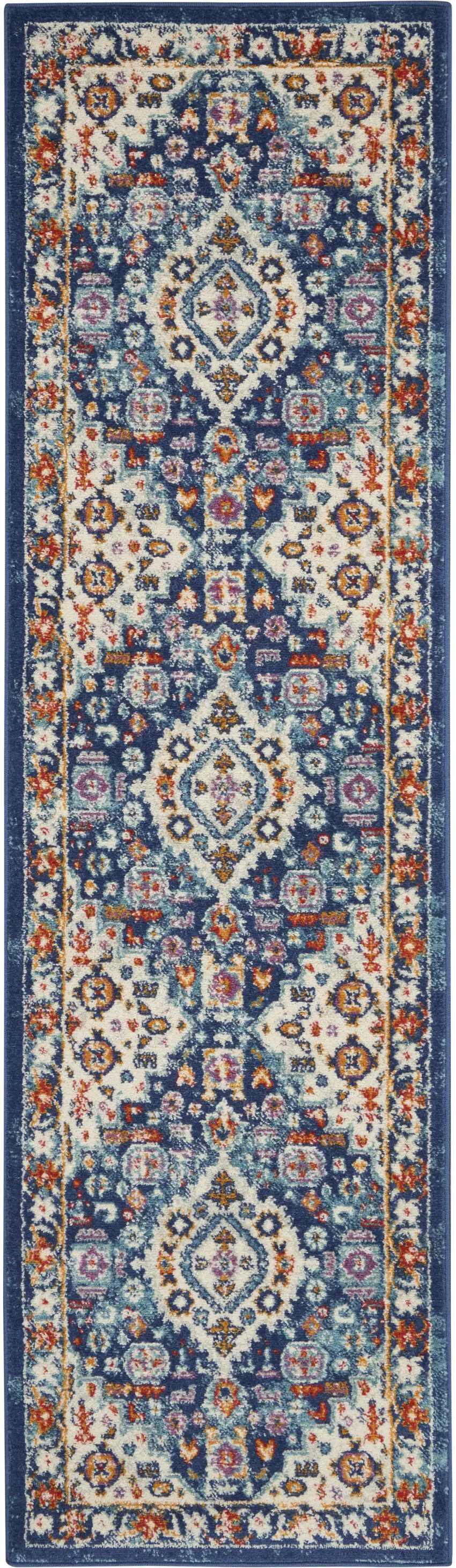 8' Blue And Ivory Medallion Runner Rug Photo 2