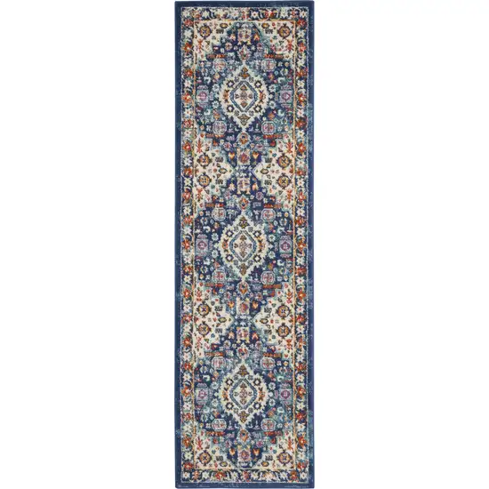 8' Blue And Ivory Medallion Runner Rug Photo 2