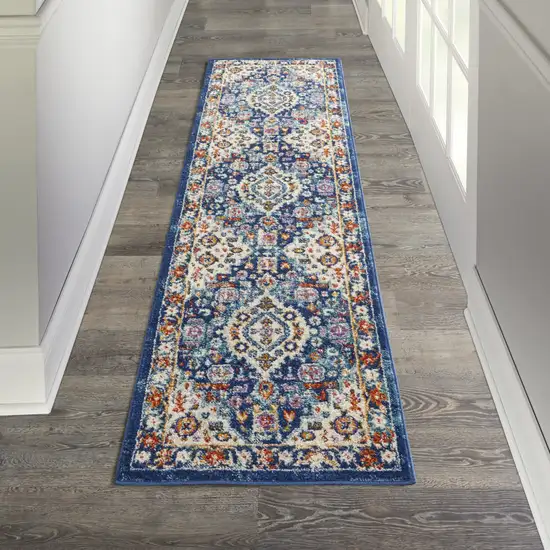 8' Blue And Ivory Medallion Runner Rug Photo 3
