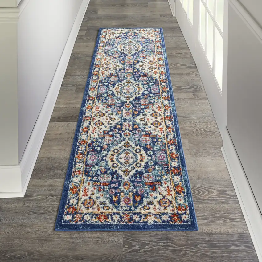 8' Blue And Ivory Medallion Runner Rug Photo 3