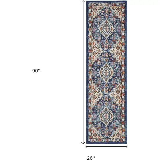 8' Blue And Ivory Medallion Runner Rug Photo 3