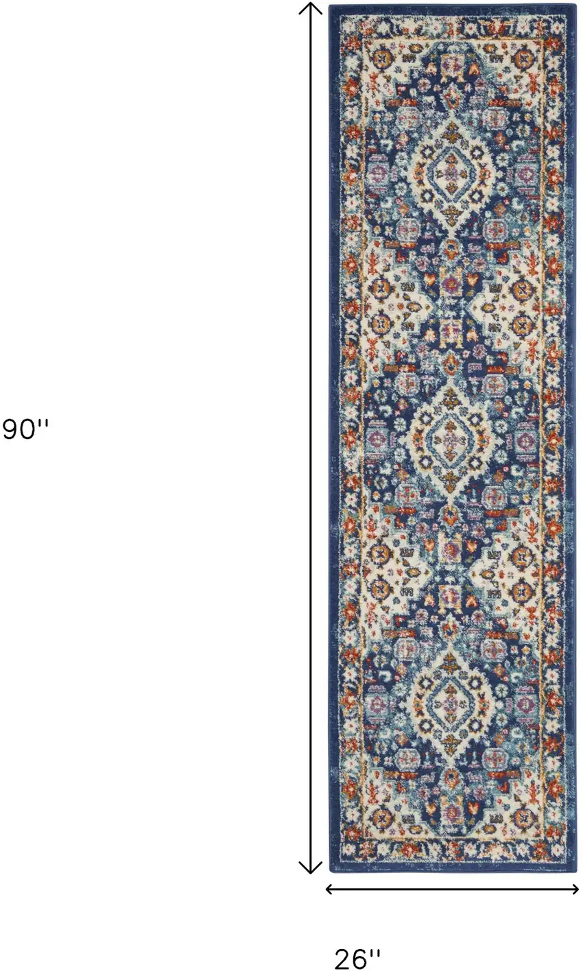 8' Blue And Ivory Medallion Runner Rug Photo 3