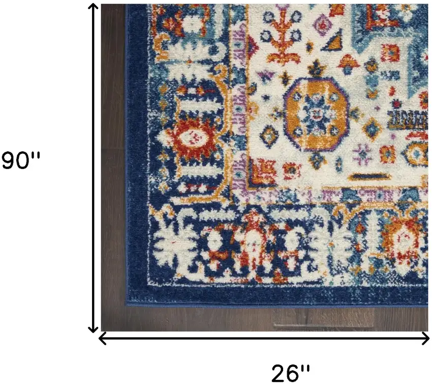 8' Blue And Ivory Medallion Runner Rug Photo 9