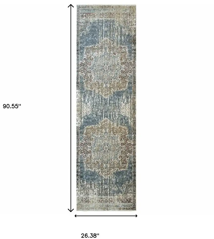 Blue and Ivory Medallion Runner Rug Photo 5