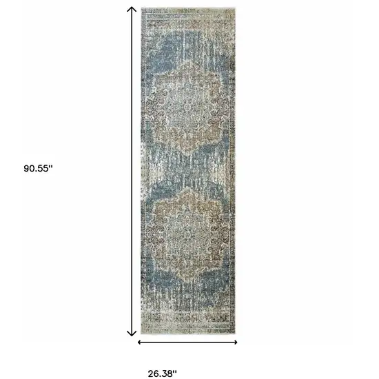 Blue and Ivory Medallion Runner Rug Photo 5