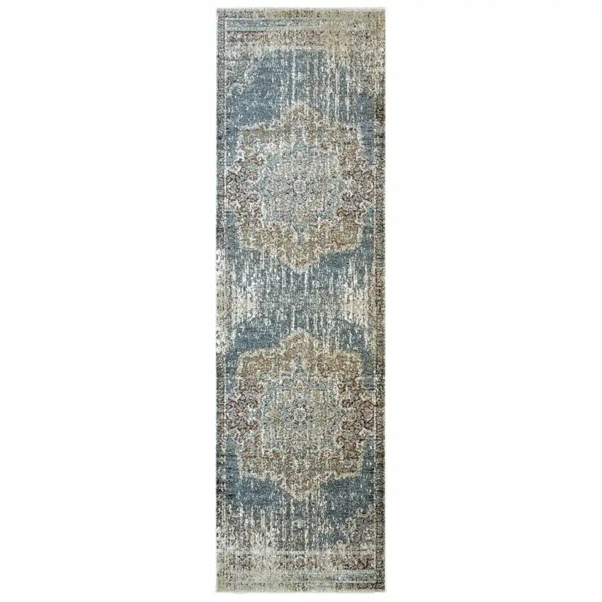 Blue and Ivory Medallion Runner Rug Photo 1