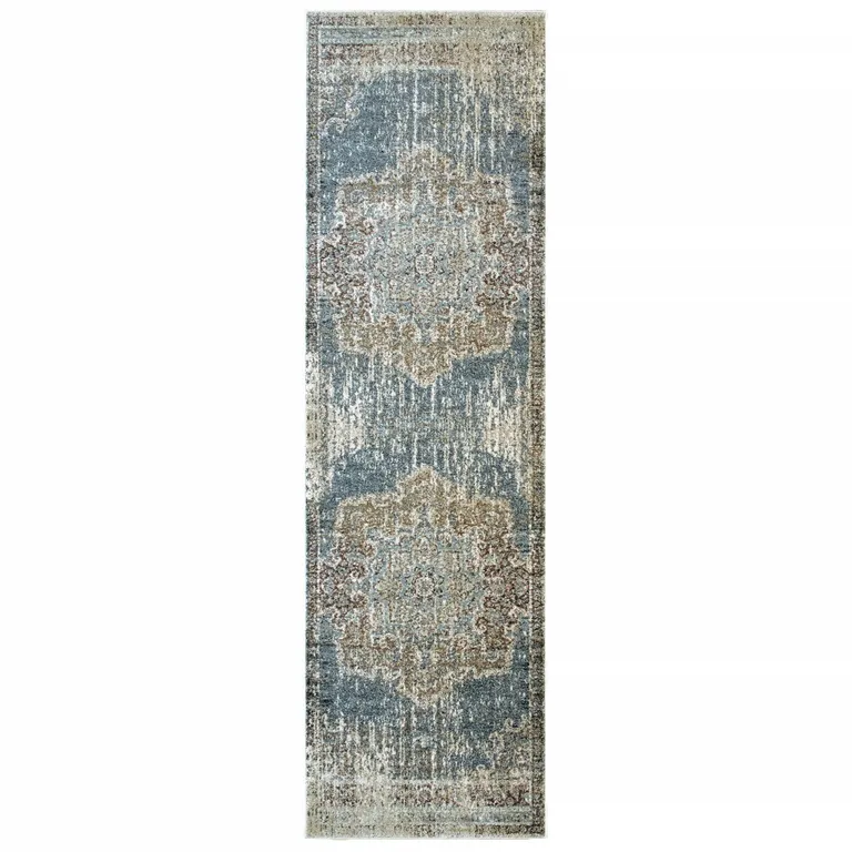 Blue and Ivory Medallion Runner Rug Photo 1