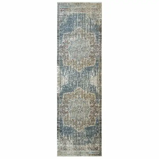Blue and Ivory Medallion Runner Rug Photo 1