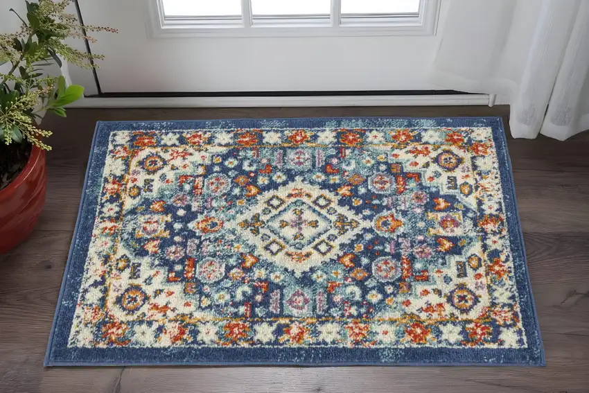 Blue And Ivory Medallion Area Rug Photo 1