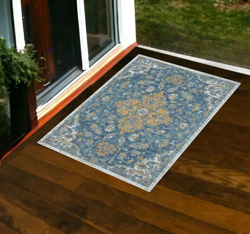 Blue and Ivory Medallion Stain Resistant Indoor Outdoor Area Rug Photo 1