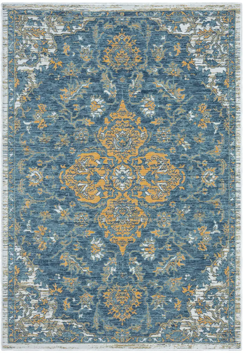 Blue and Ivory Medallion Stain Resistant Indoor Outdoor Area Rug Photo 8