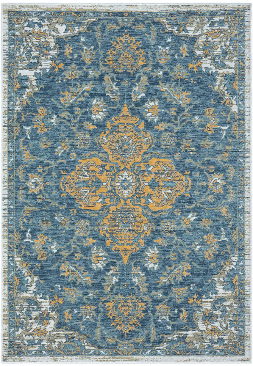 Blue and Ivory Medallion Stain Resistant Indoor Outdoor Area Rug Photo 2