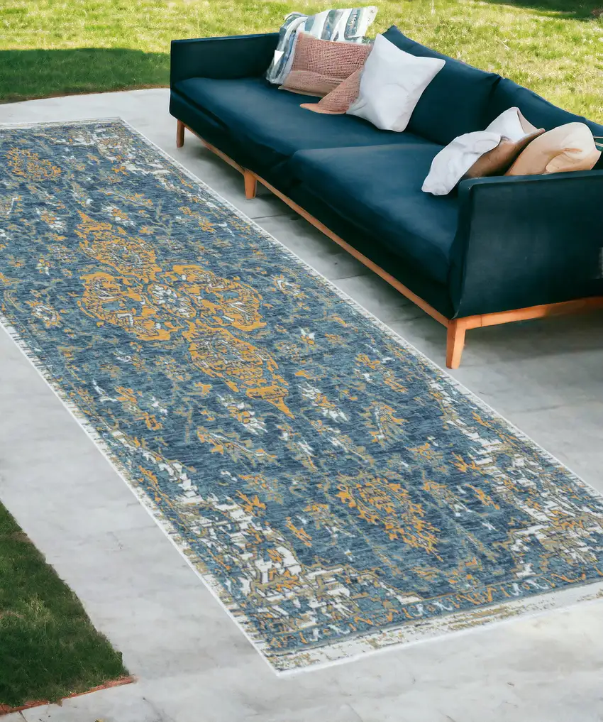 Blue and Ivory Medallion Stain Resistant Indoor Outdoor Runner Rug Photo 1