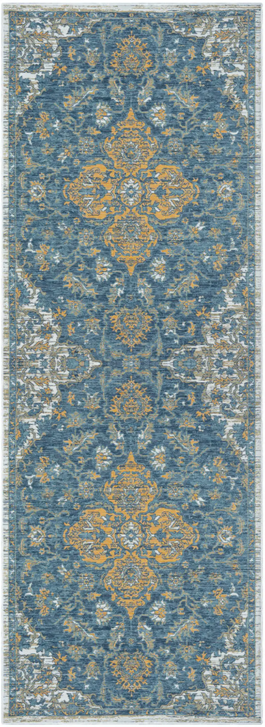 Blue and Ivory Medallion Stain Resistant Indoor Outdoor Runner Rug Photo 2