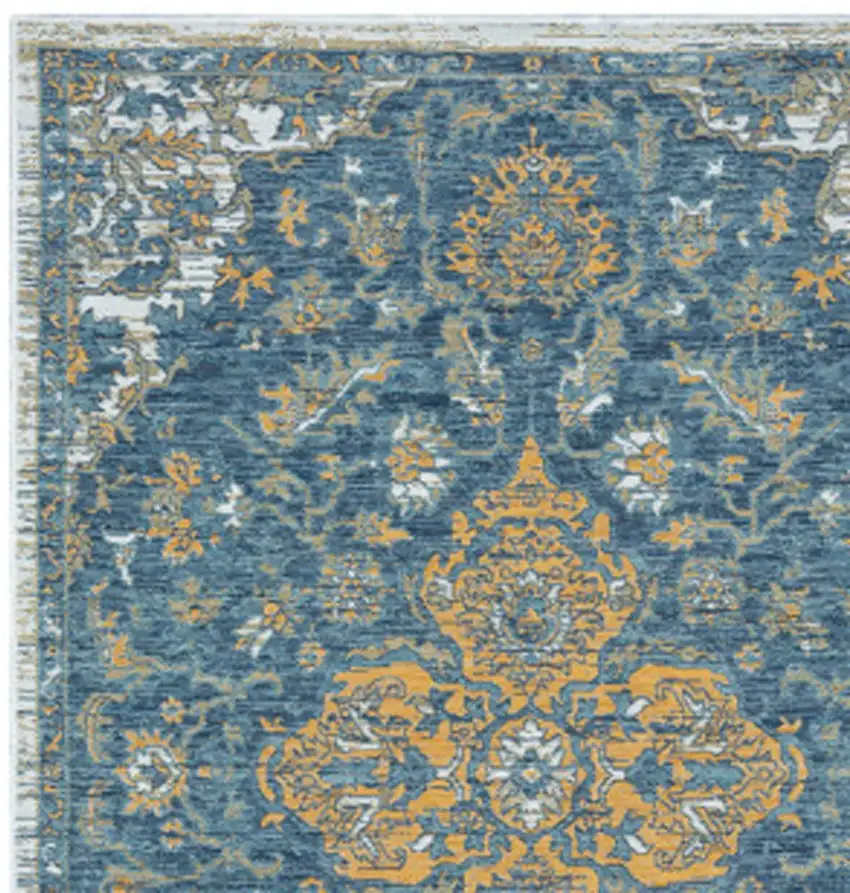 Blue and Ivory Medallion Stain Resistant Indoor Outdoor Runner Rug Photo 7