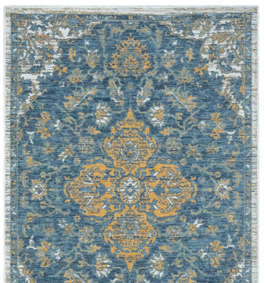 Blue and Ivory Medallion Stain Resistant Indoor Outdoor Runner Rug Photo 8