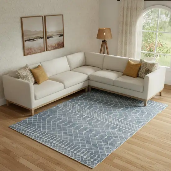 Blue and Ivory Moroccan Power Loom Washable Area Rug Photo 1