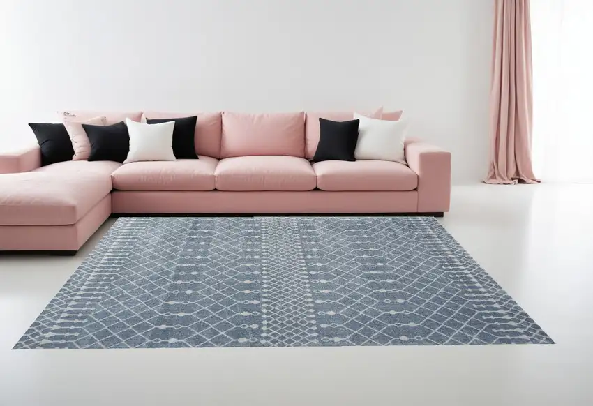 Blue and Ivory Moroccan Power Loom Washable Area Rug Photo 1