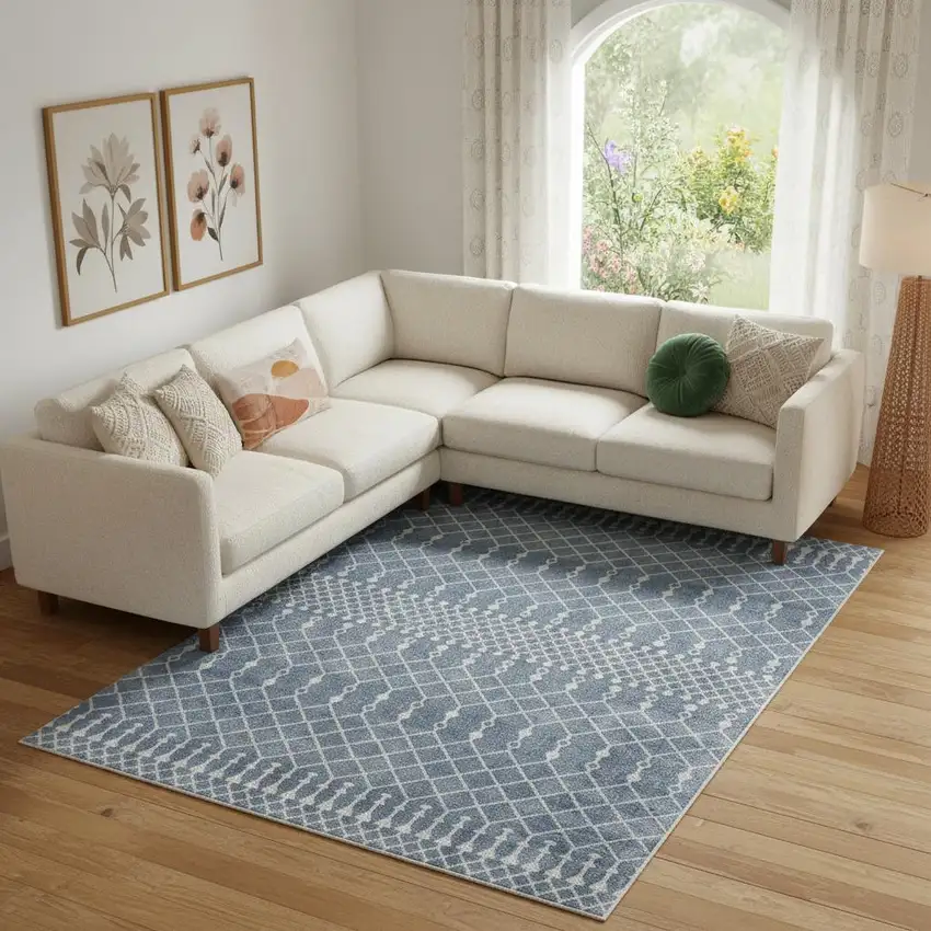 Blue and Ivory Moroccan Power Loom Washable Area Rug Photo 1