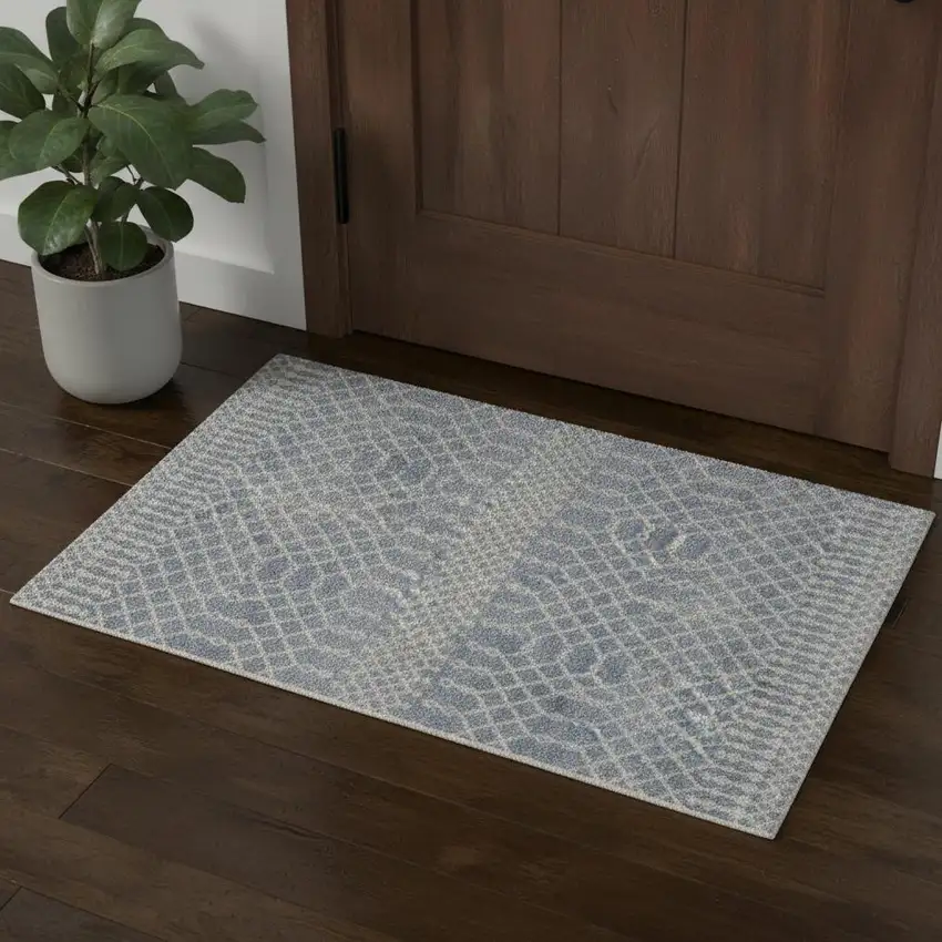 Blue and Ivory Moroccan Power Loom Washable Area Rug Photo 1