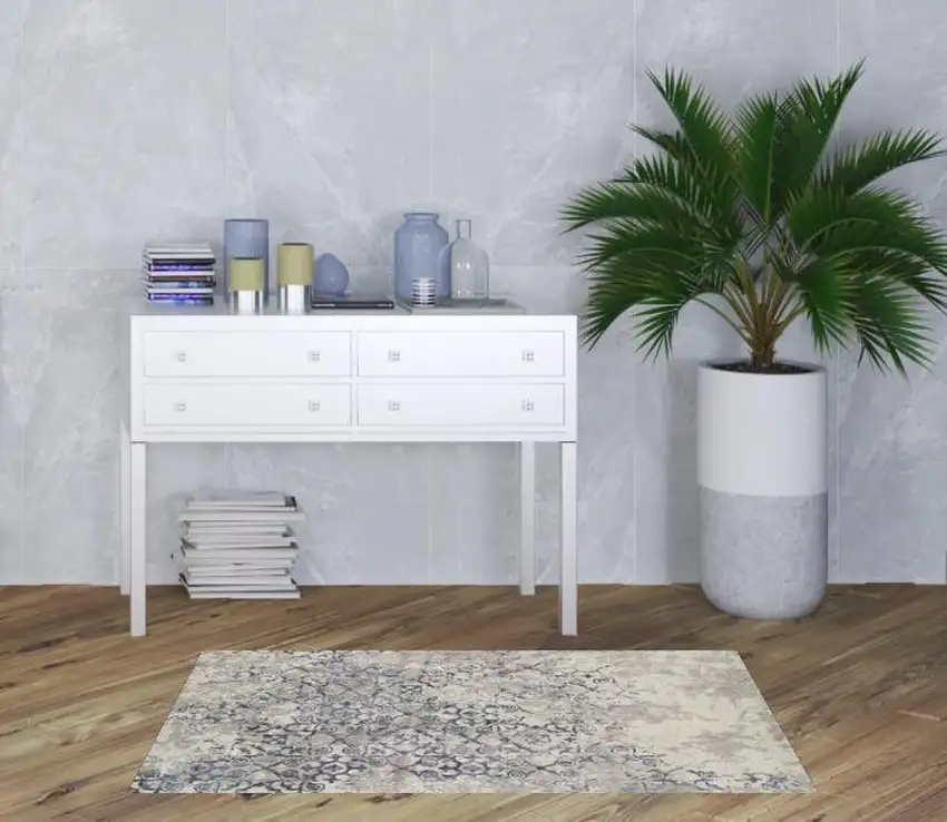 Blue and Ivory Oriental Distressed Area Rug Photo 2