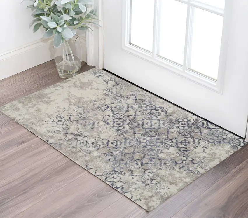 Blue and Ivory Oriental Distressed Area Rug Photo 1