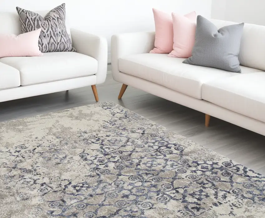 Blue and Ivory Oriental Distressed Area Rug Photo 1