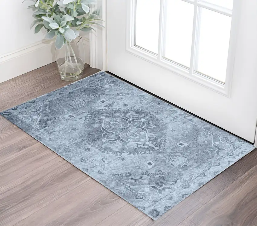 Blue and Ivory Oriental Distressed Area Rug Photo 1