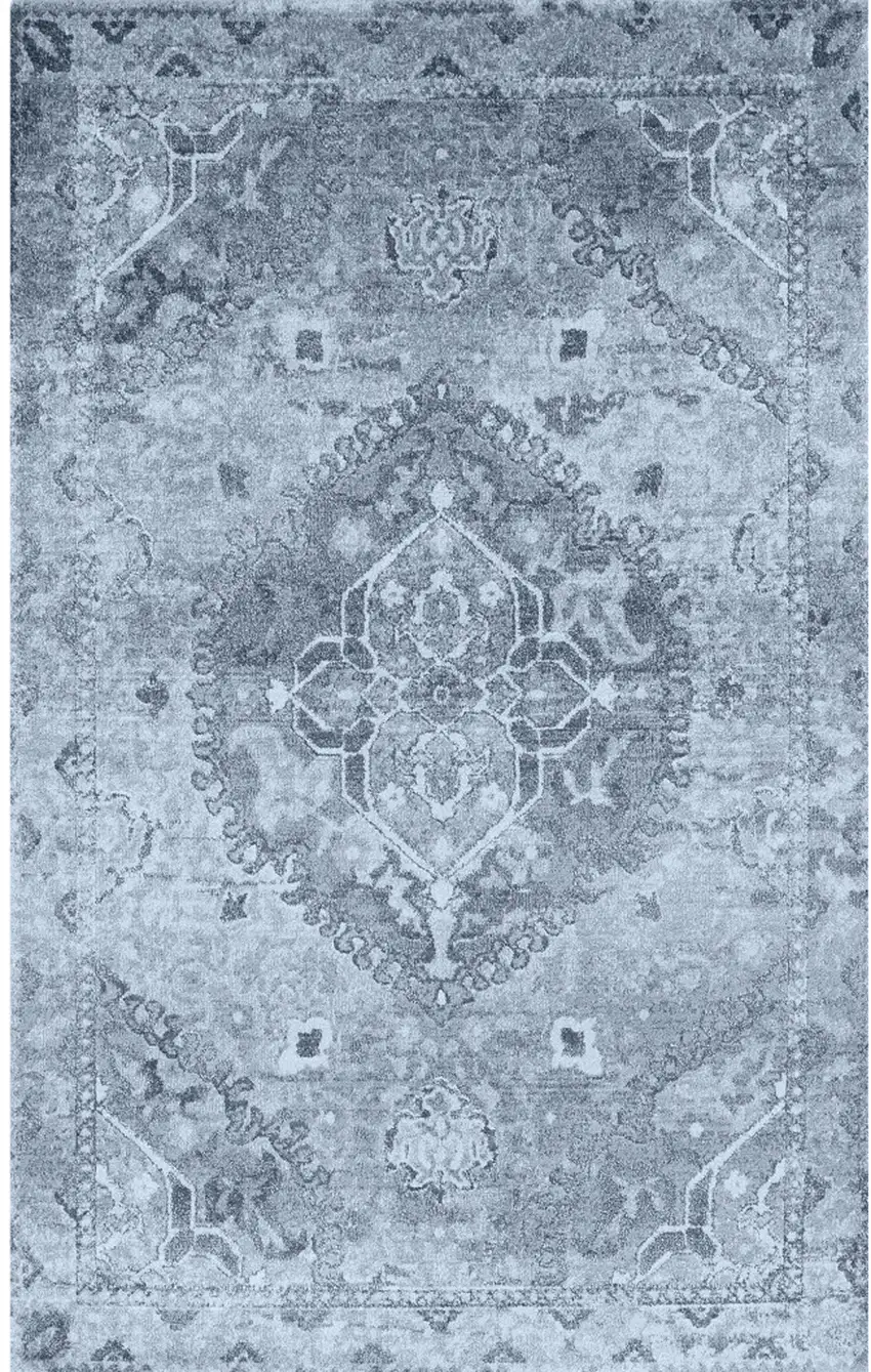 Blue and Ivory Oriental Distressed Area Rug Photo 2