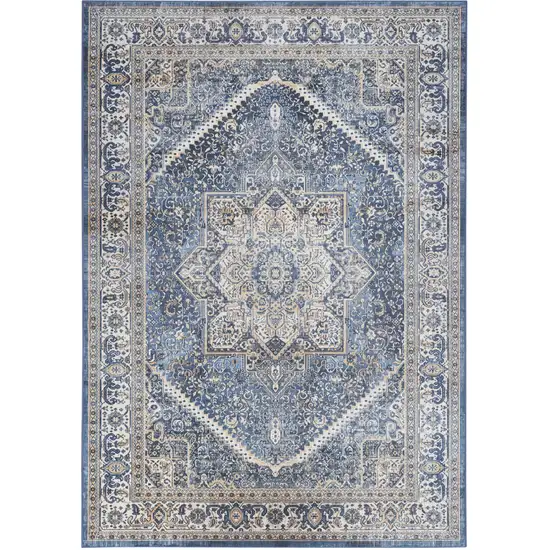 Blue and Ivory Oriental Distressed Non Skid Area Rug Photo 2