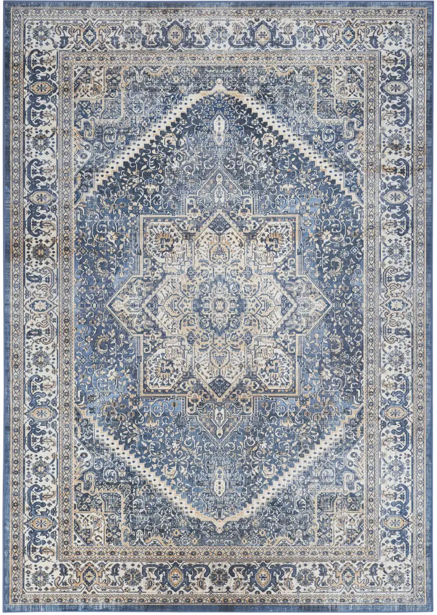 Blue and Ivory Oriental Distressed Non Skid Area Rug Photo 2