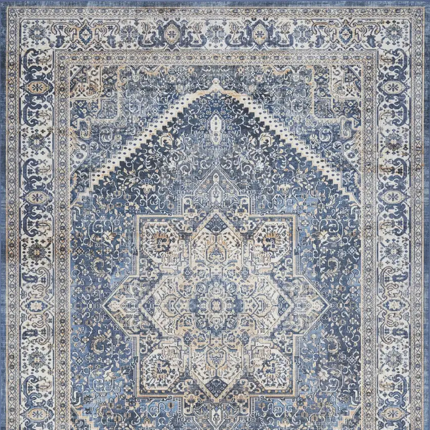 Blue and Ivory Oriental Distressed Non Skid Area Rug Photo 7