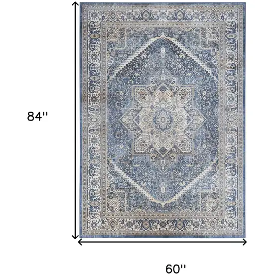 Blue and Ivory Oriental Distressed Non Skid Area Rug Photo 3