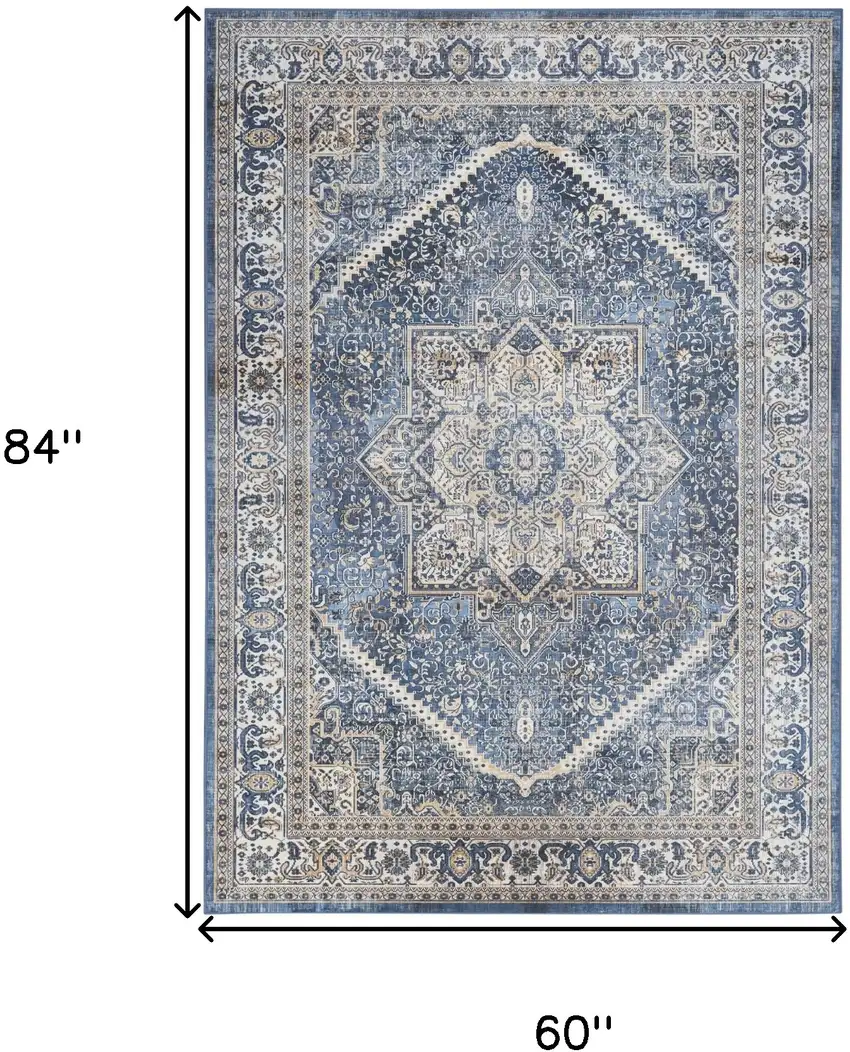 Blue and Ivory Oriental Distressed Non Skid Area Rug Photo 3