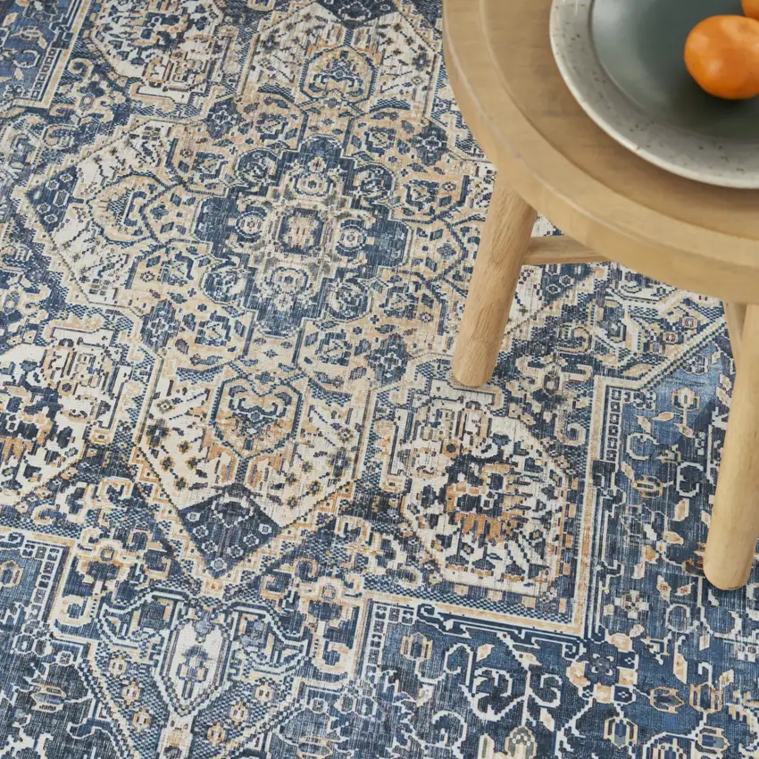 Blue and Ivory Oriental Distressed Non Skid Area Rug Photo 8