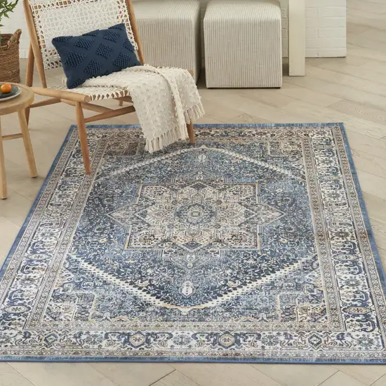 Blue and Ivory Oriental Distressed Non Skid Area Rug Photo 9