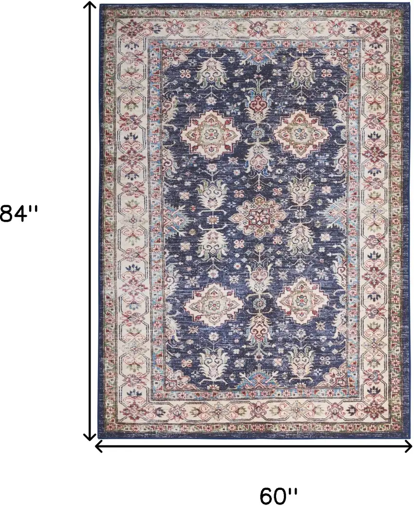 Blue and Ivory Oriental Distressed Non Skid Area Rug Photo 3