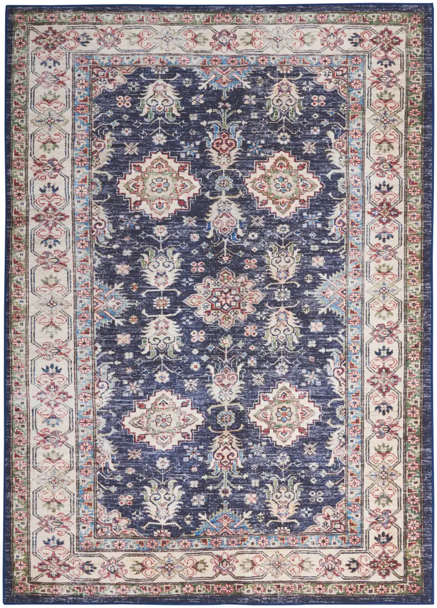 Blue and Ivory Oriental Distressed Non Skid Area Rug Photo 2