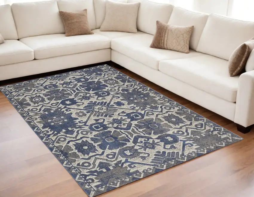 Blue and Ivory Oriental Power Loom Area Rug Photo 1
