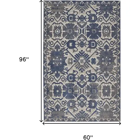 Blue and Ivory Oriental Power Loom Area Rug Photo 3